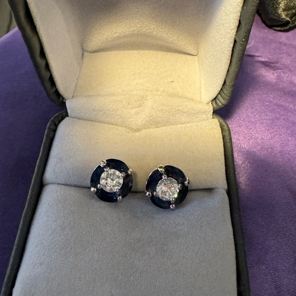 Synthetic Sapphire and Crystal Post Earrings - Picture 2 of 3